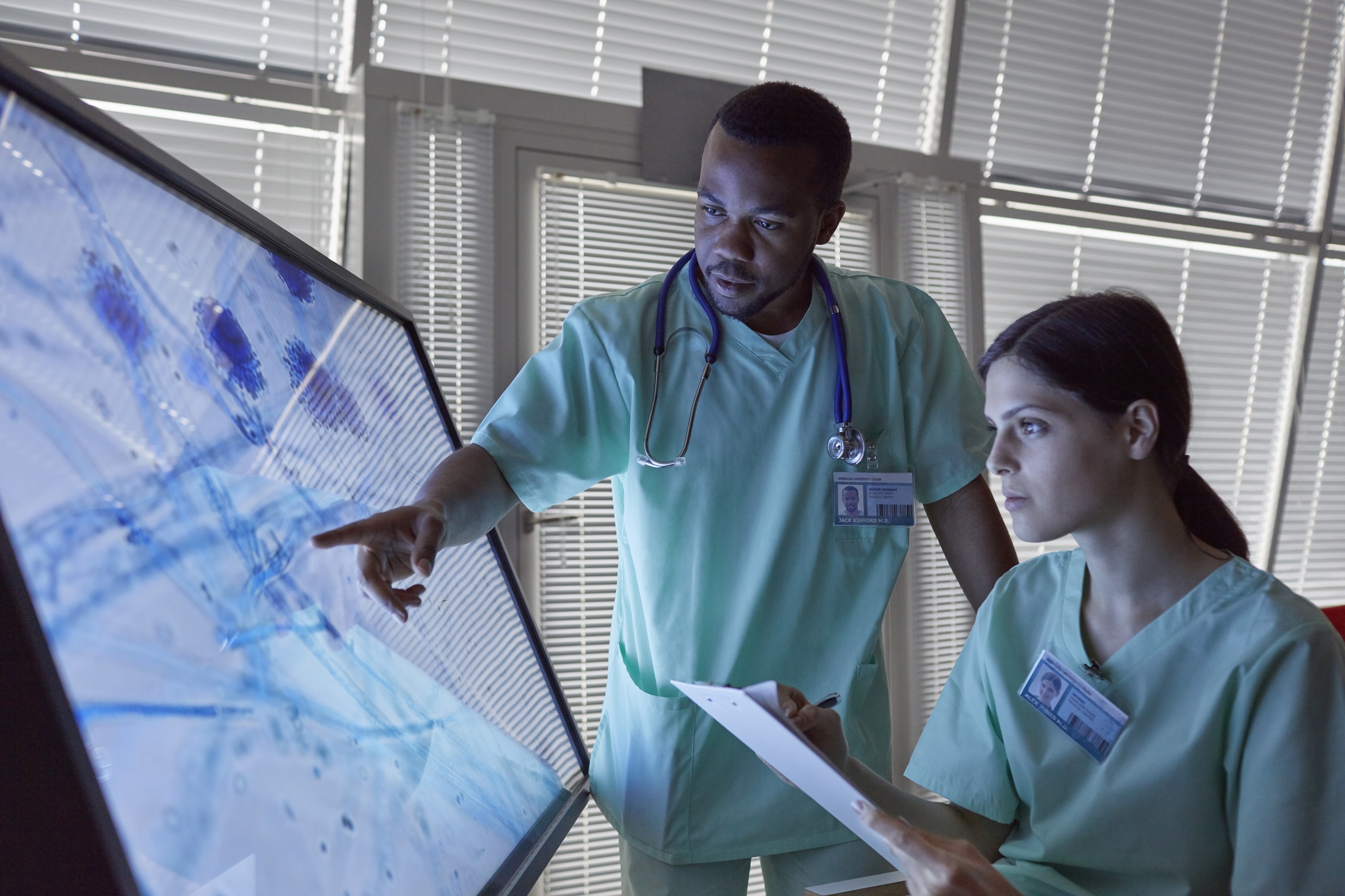 Nurses with clipboard examining magnified microscope slide on computer monitor