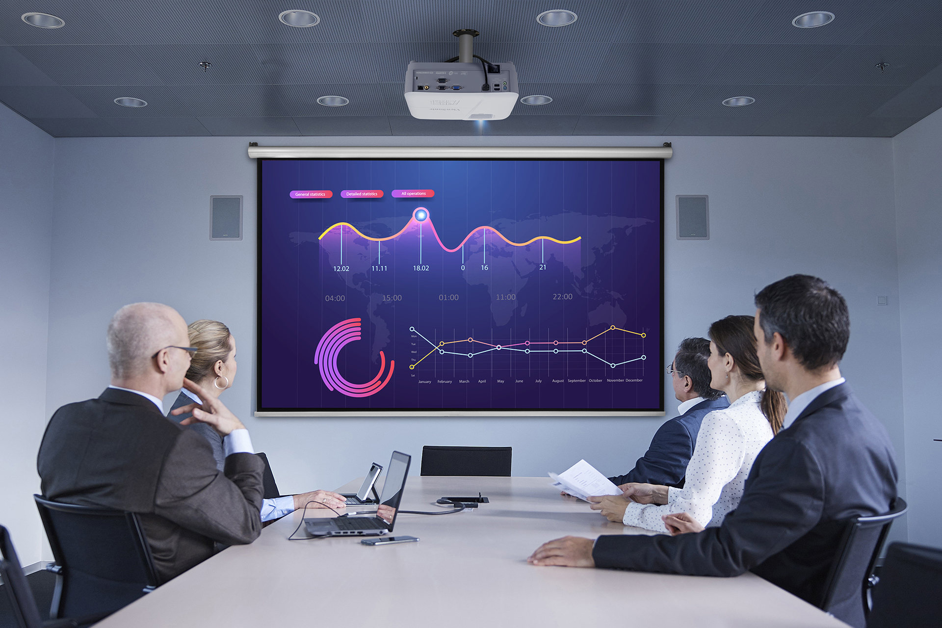 Businessmen and women watching office conference call