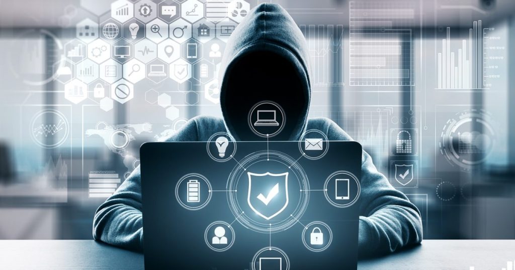 Silhouette of a person in a hoodie sitting in front of a laptop surrounded by digital security icons and data graphics.