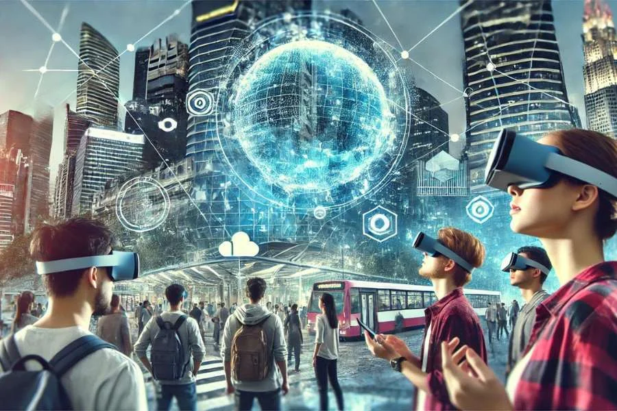 Grupo de personas usando visores de realidad virtual en un entorno urbano con edificios modernos y gráficos 3D interactivos.