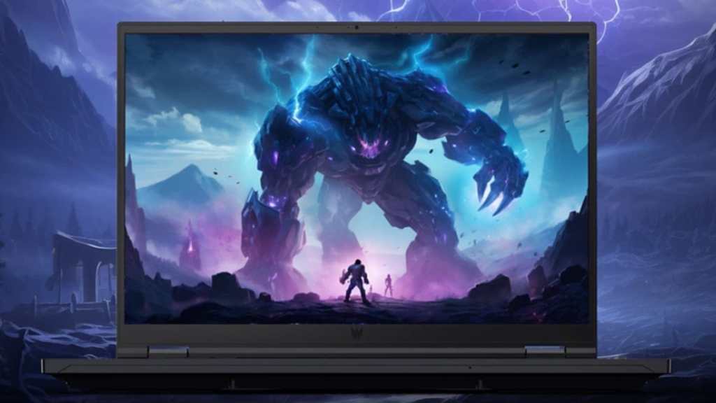 Una laptop de gaming mostrando una escena épica de batalla entre un gigante de roca y un guerrero, con un fondo de paisajes fantásticos y relámpagos.