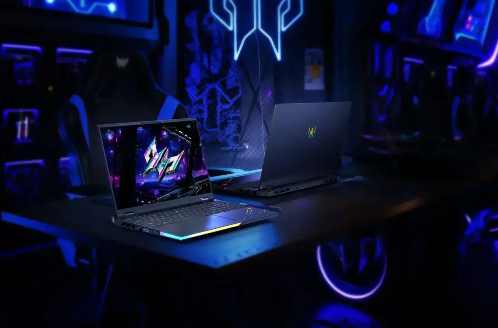 Laptop gamer en un entorno de juego iluminado con luces de neón, mostrando una pantalla con gráficos vibrantes y un diseño moderno.