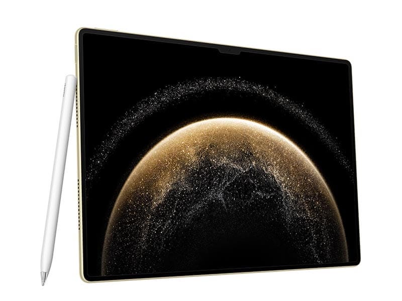 Imagen de la tablet HUAWEI MatePad Pro 13.2” 2025 con un diseño elegante, mostrando una pantalla OLED con un fondo en tonos oscuros y detalles dorados, junto con el M-Pencil de 3.ª generación al lado.