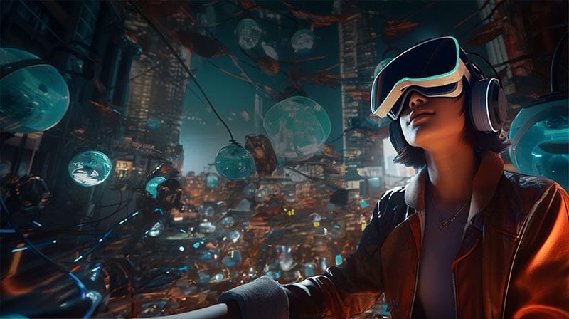 Una persona con un visor de realidad virtual y auriculares se encuentra en un entorno digital futurista, rodeada de esferas flotantes y edificios iluminados, simbolizando la innovación y la tecnología.
