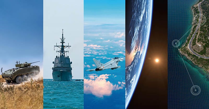 Collage de imágenes representando diferentes dominios de defensa: un vehículo militar en el campo, un buque de guerra en el mar, un avión de combate en el cielo, la vista de la Tierra desde el espacio y un gráfico de una zona costera.