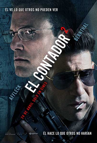 Póster de la película 'El Contador 2', que muestra a dos hombres en primer plano: uno con gafas y expresión seria y el otro con gafas de sol y un arma, reflejando la temática de acción y crimen.