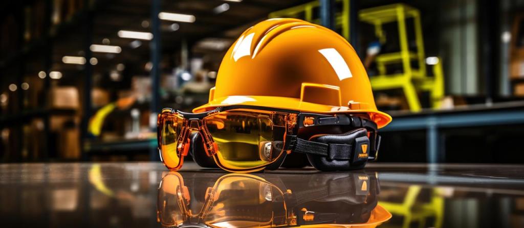 Casco de seguridad amarillo y gafas protectoras en una superficie brillante, con un fondo desenfocado de un entorno industrial.