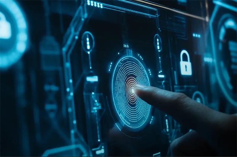 Una mano tocando una pantalla digital que muestra gráficos de seguridad cibernética y un candado, simbolizando la protección de datos.