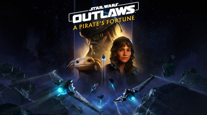 Portada del juego Star Wars Outlaws: A Pirate’s Fortune, mostrando a personajes principales, naves espaciales volando en un entorno estelar.