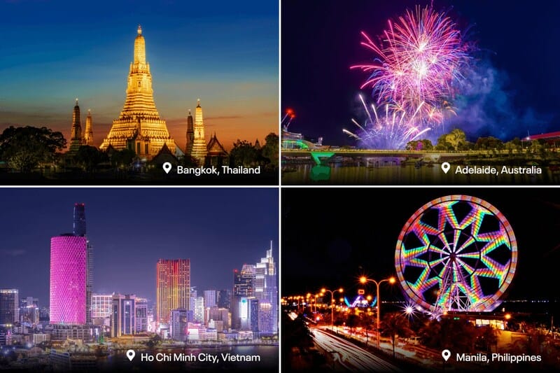 Vista de Bangkok, Tailandia, con la imagen del templo Wat Arun iluminado al atardecer.