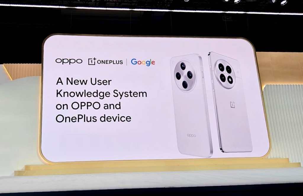 Pantalla con el texto 'A New User Knowledge System on OPPO and OnePlus device' junto a imágenes de un smartphone OPPO y OnePlus, presentada en Google Cloud Next 2025.