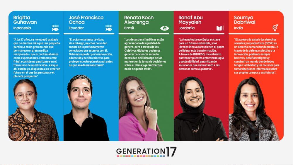Retrato de cinco jóvenes líderes de Generation17, cada uno representando su país y enfocándose en temas como la conservación marina, sostenibilidad, igualdad de género y salud. Incluye citas inspiradoras de cada líder.