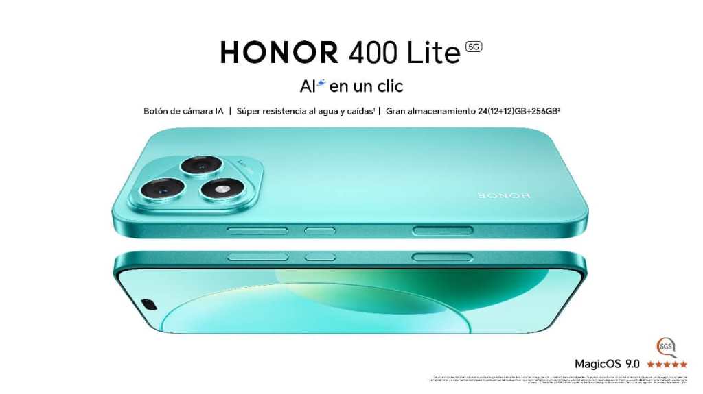 Imagen del smartphone HONOR 400 Lite en color verde marino, mostrando su diseño, cámara trasera con tres lentes y características destacadas como el botón de cámara IA.