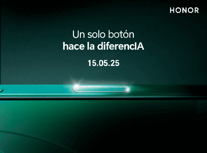 Anuncio del HONOR 400 Lite destacando la innovación de un botón de cámara IA, con la fecha de lanzamiento 15.05.25.