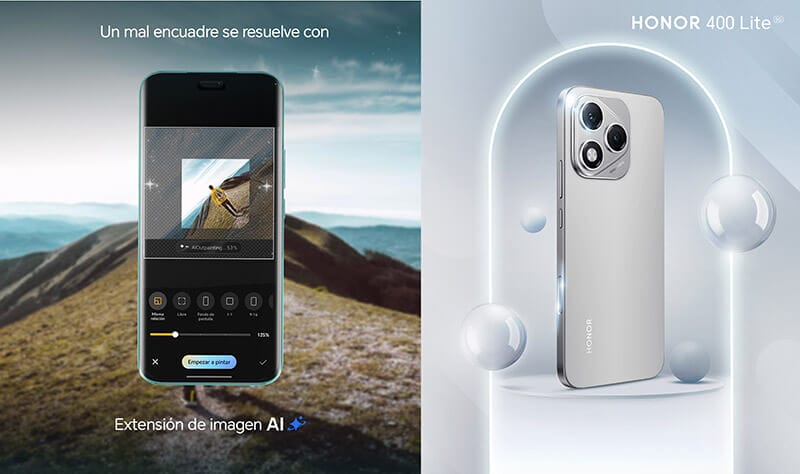 Pantalla del smartphone HONOR 400 Lite mostrando la función de extensión de imagen AI en un paisaje montañoso.