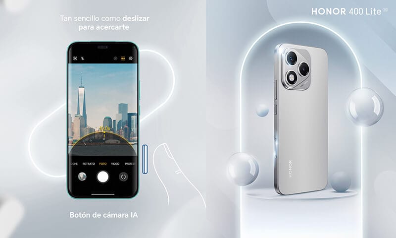 Imagen del HONOR 400 Lite mostrando el botón de cámara IA y una vista de la pantalla que captura la ciudad, resaltando la facilidad de uso del dispositivo.
