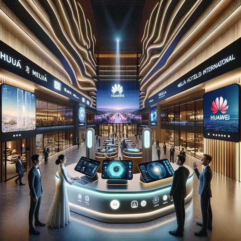 Interior del Global Smart Hotel Showcase en la Torre Melina Gran Meliá de Barcelona, con pantallas interactivas de Huawei y Meliá, mostrando una experiencia de hotel inteligente durante el Mobile World Congress 2025.
