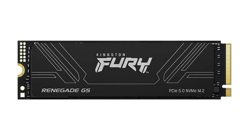 Imagen de una unidad SSD Kingston FURY Renegade G5 PCIe 5.0 NVMe M.2, destacando su diseño negro y logotipo en relieve.