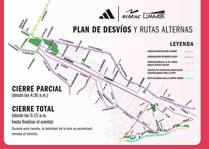 Mapa de desvíos y rutas alternas para la maratón adidas | Rímac Lima 42K, con indicaciones para cierres parciales y totales del tránsito.