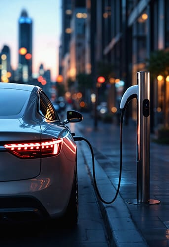 A electric vehicle plugged into a charging station on a city street during twilight, highlighting urban electromobility.