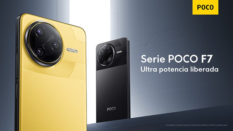 Imagen de dos smartphones de la serie POCO F7, uno en color amarillo y otro en negro, mostrando el diseño del dispositivo con un enfoque en la cámara trasera. Texto en la parte inferior que dice 'Serie POCO F7 Ultra potencia liberada'.