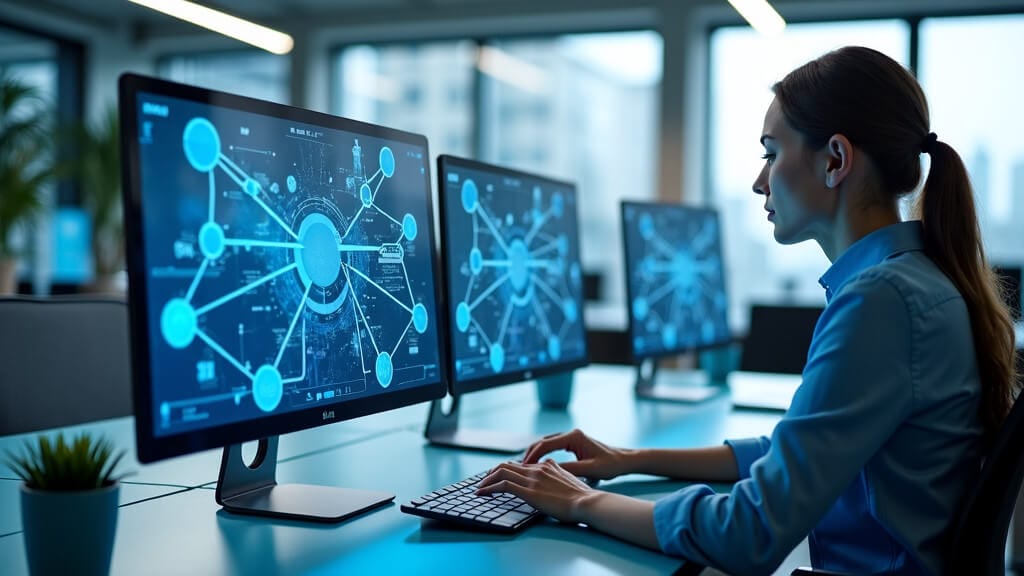 Mujer trabajando en una oficina moderna, utilizando computadoras con gráficos de datos y redes tecnológicas en las pantallas.