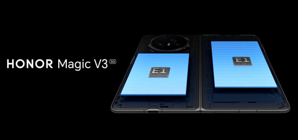 Imagen del HONOR Magic V3 mostrando su batería y procesador HONOR E1, resaltando la tecnología Silicon-Carbon para mejorar la duración de la batería.