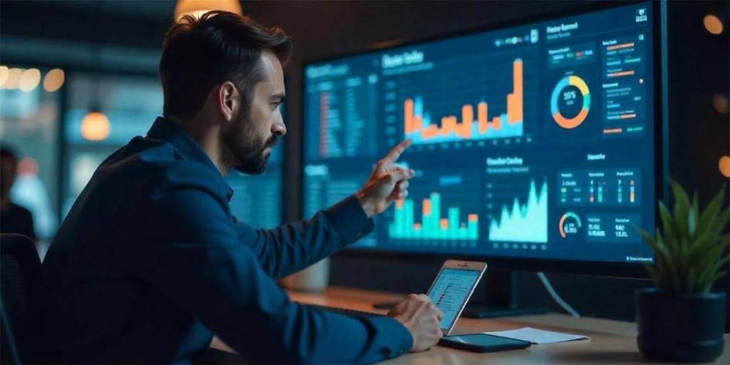 Hombre analizando gráficos y datos en un monitor grande, mientras sostiene una tablet en una oficina moderna con iluminación tenue.