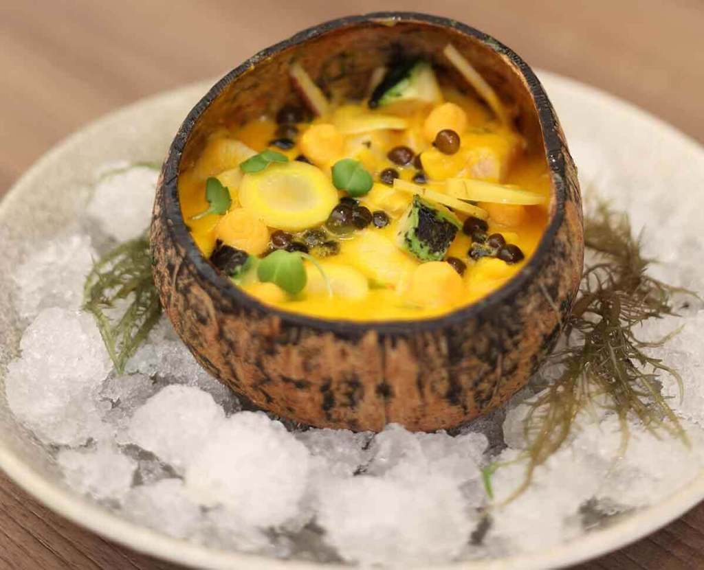 Ceviche served in a rustic bowl, featuring vibrant yellow sauce, garnished with herbs and accompanied by crushed ice.