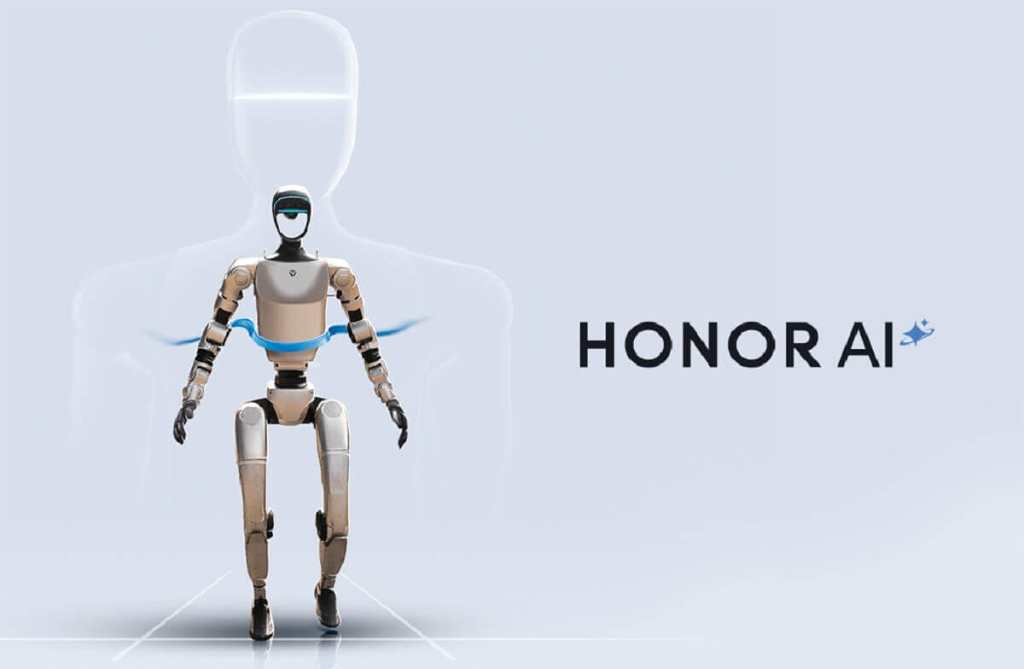 Robot humanoide de HONOR con diseño futurista e interfaz de inteligencia artificial, presentando la marca HONOR AI.