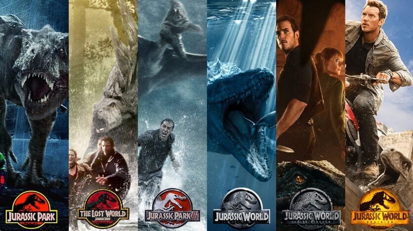 Collage de las portadas de las seis películas de la saga Jurassic Park: Jurassic Park, The Lost World: Jurassic Park, Jurassic Park III, Jurassic World, Jurassic World: El Reino Caído, y Jurassic World: Dominion, con imágenes de dinosaurios y personajes principales.