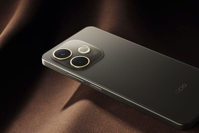 Smartphone OPPO A5 Pro 5G en un fondo texturizado, mostrando su diseño elegante y características de cámara.