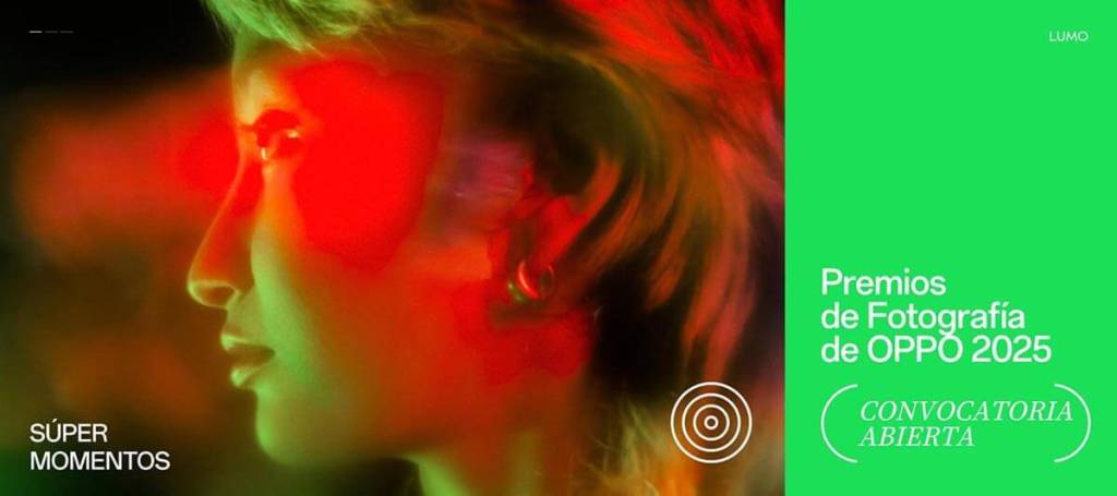 Imagen de una mujer con un fondo colorido con tonos rojos y verdes, promocionando los Premios de Fotografía OPPO 2025. Incluye texto que dice 'SÚPER MOMENTOS' y 'Convocatoria Abierta'.