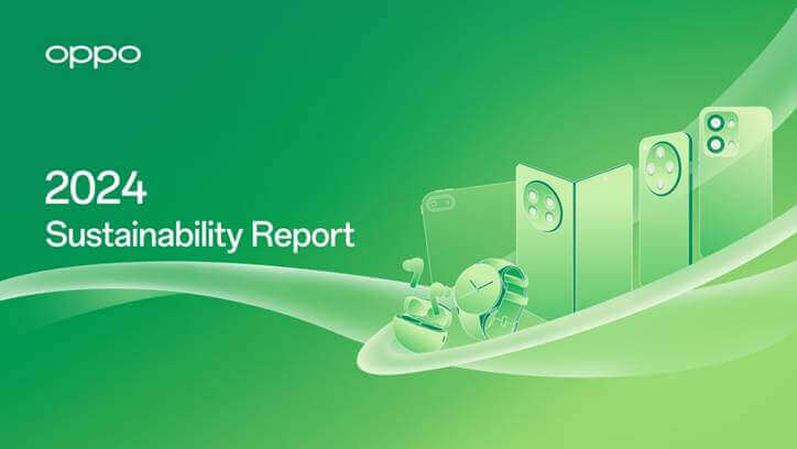 Informe de Sostenibilidad 2024 de OPPO, con diseño en tonos verdes, mostrando dispositivos tecnológicos como smartphones y audífonos en un fondo limpio.