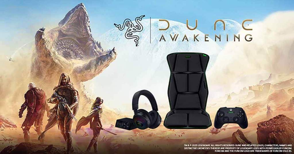 Imagen promocional del juego Dune: Awakening, mostrando personajes en un entorno desértico de Arrakis junto a dispositivos Razer como un cojín gamer, auriculares y un controlador.
