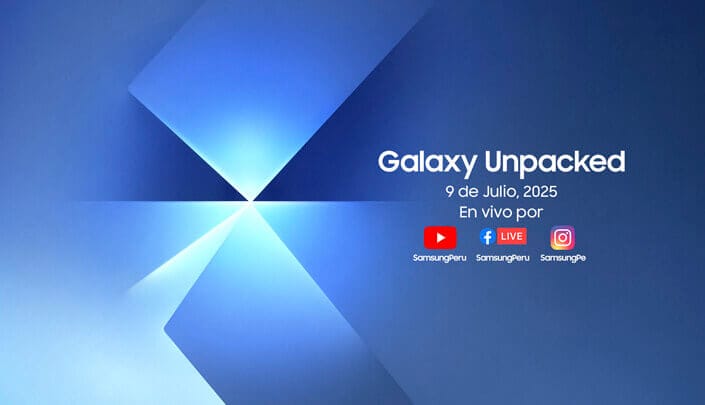 Gráfico promocional del evento 'Galaxy Unpacked' de Samsung, programado para el 9 de julio de 2025, con un fondo azul y detalles gráficos en forma de triángulos, acompañado de iconos de redes sociales.