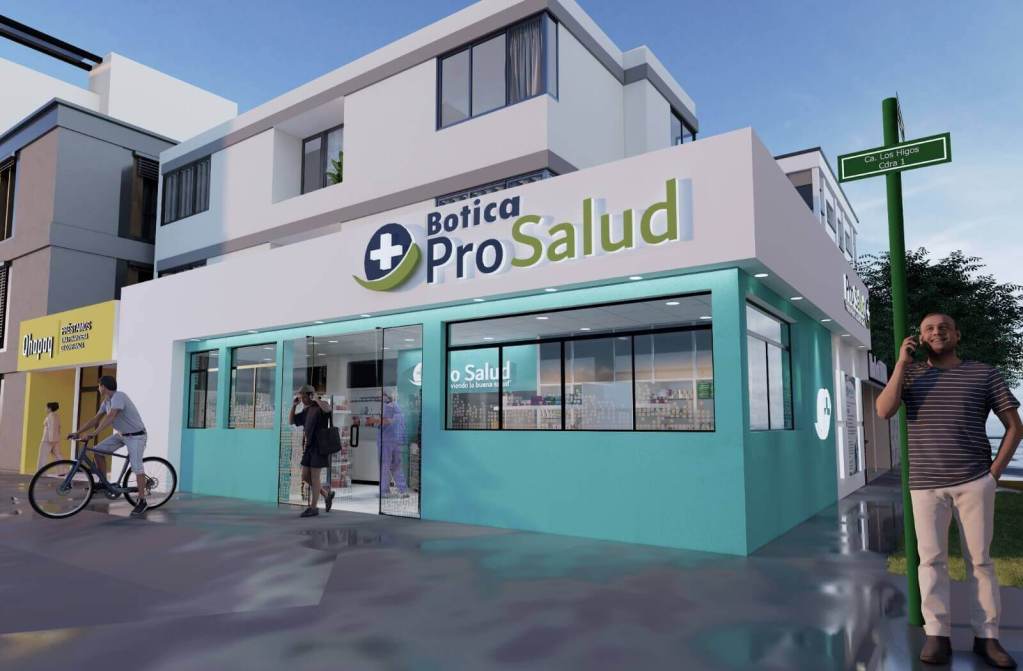 Exterior of a Botica Prosalud pharmacy with a modern design, featuring large windows and a clear sign. A person is standing outside on a phone, while another person rides a bicycle nearby.