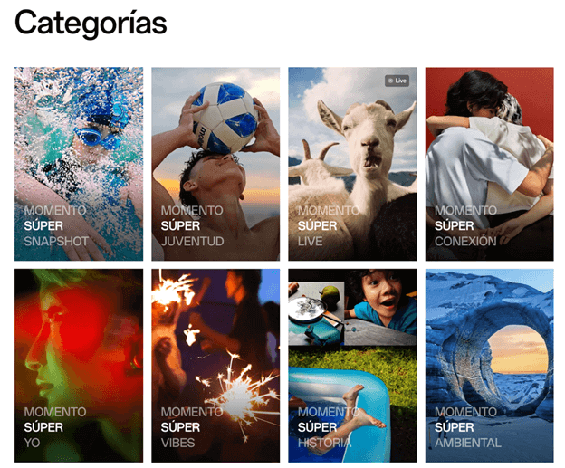 Colección de imágenes que representan las categorías de los Premios de Fotografía OPPO 2025: Instantánea, Juventud, Live Photo, Conexión, Yo, Vibras, Historia y Ambiental, destacando momentos de vida cotidiana.