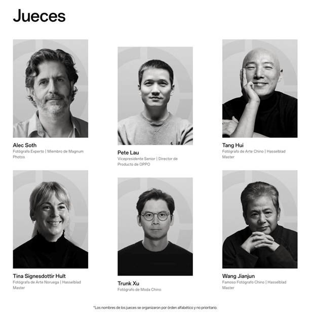 Collage de retratos de seis jueces del concurso de fotografía OPPO 2025, incluyendo a Alec Soth, Pete Lau, Tang Hui, Tina Signesdottir Hult, Trunk Xu y Wang Jianjun, con sus nombres y títulos debajo de cada imagen.