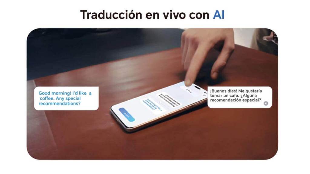 Un smartphone en una mesa con una mano apuntando hacia la pantalla, que muestra un texto en inglés y otro en español, resaltando una función de traducción en vivo con inteligencia artificial.