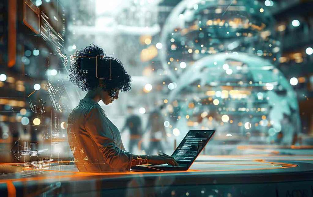 Una persona trabajando en una computadora portátil rodeada de gráficos digitales y elementos tecnológicos en un ambiente futurista.
