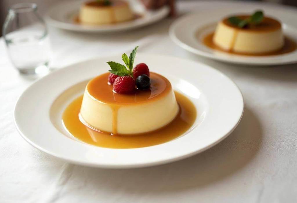 Postre casero de crema volteada servido en un plato blanco, decorado con fresas, arándanos y una hoja de menta.