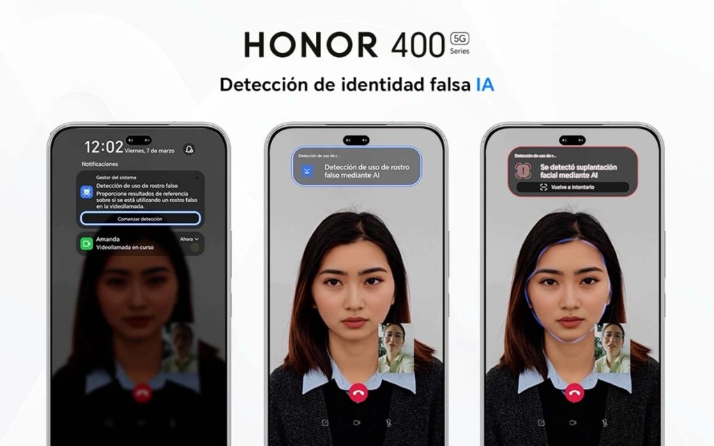 Imagen que muestra tres pantallas del HONOR 400 con funciones de detección de identidad falsa mediante inteligencia artificial durante una videollamada.
