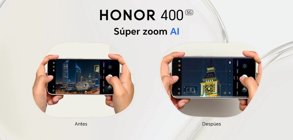 Gráfico comparativo del teléfono HONOR 400 donde se muestra la funcionalidad de Súper Zoom AI, con una imagen antes y después de usar la opción de zoom, destacando la mejora en la calidad de imagen.