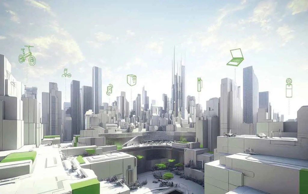 Vista de una ciudad moderna con rascacielos y elementos sostenibles, como bicicletas y dispositivos electrónicos, representando un futuro urbano ecológico.