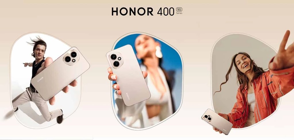 Imagen promocional del HONOR 400, un smartphone elegante y ligero, mostrando el dispositivo en manos de modelos. El diseño destaca por su color y las características de la cámara, con un fondo suave y moderno.