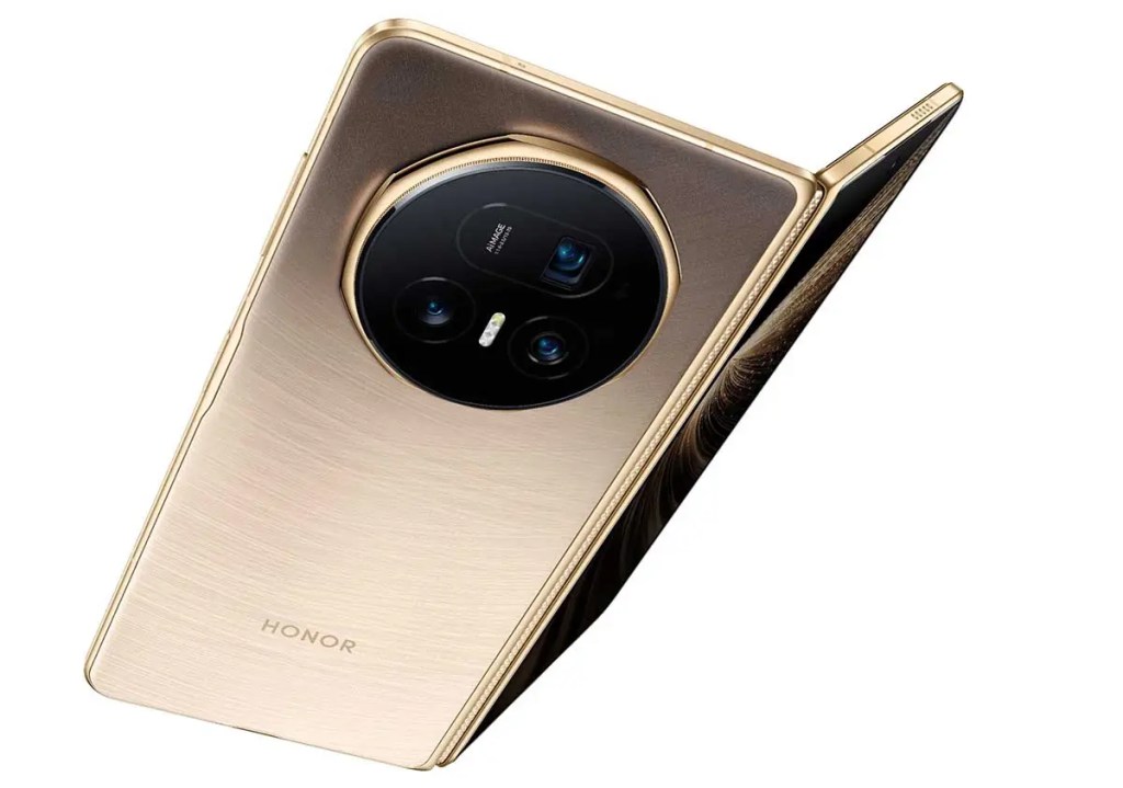 Teléfono inteligente plegable HONOR Magic V5 en color dorado, mostrando su diseño elegante y moderno con una cámara circular en la parte posterior.