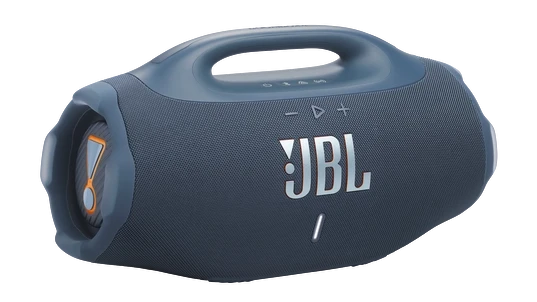 Altavoz portátil JBL Boombox 4, color azul con un diseño moderno, un asa para transporte y logotipos iluminados, destacado por su potencia de sonido y resistencia al agua.
