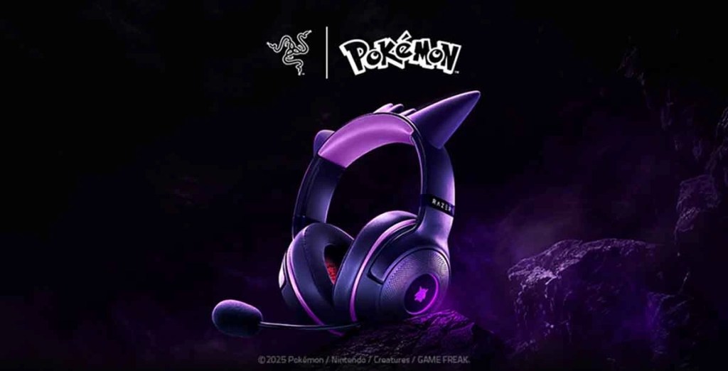 Auriculares Razer Kraken Kitty V2 – Edición Gengar, con diseño en púrpura y detalles que recuerdan al Pokémon Gengar, iluminados con luces RGB.