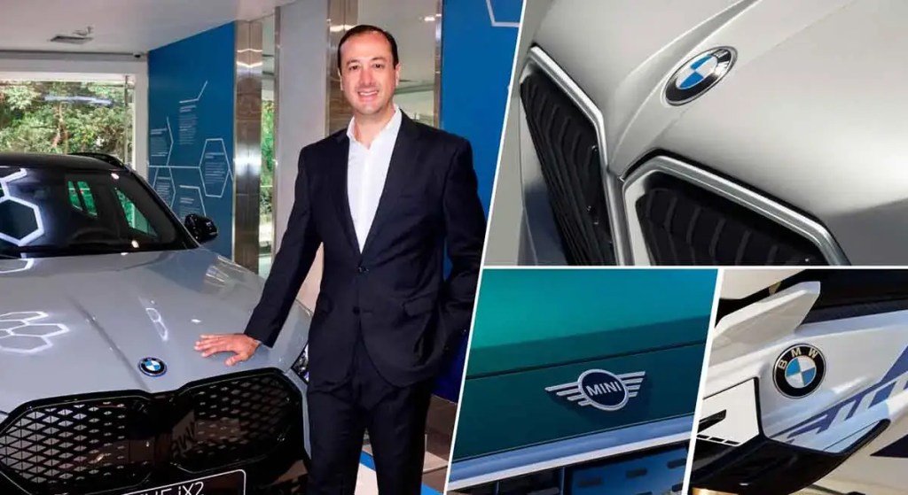 Un hombre vestido con un traje negro se encuentra al lado de un auto BMW plateado, mientras se observan los emblemas de BMW y MINI en la imagen.